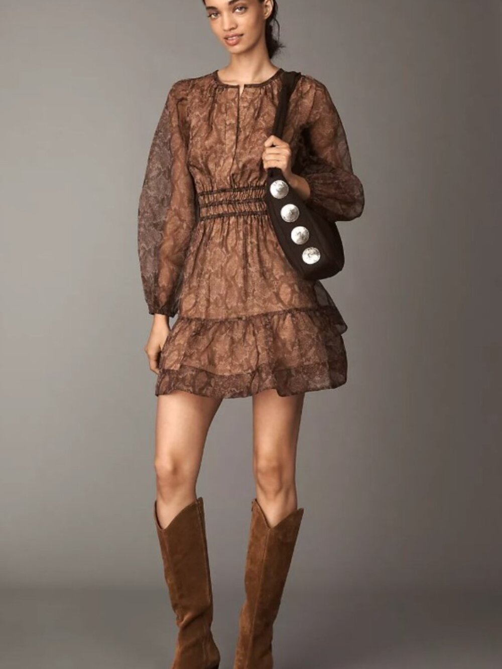 Anthropologie Somerset Long Sleeve Organza Mini Dress Medium Brown Print NWT
